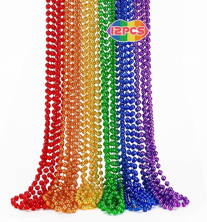 Mardi Gras Beads, 12PCS Bead Necklace Party Favors, Metallic 6 Kinds of 33" Beaded Necklaces Costumes Stuff, Festival Parade Throw Accessory Sets for Mardi Gras Celebrations Decorations