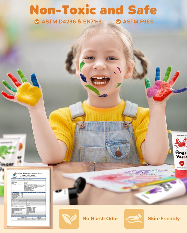 28 PCS Finger Paint, Washable Paint for Todllers 1-3, Non-Toxic 12 Vibrant Colors (1.22Fl Oz/36Ml ) , Palette, Apron, Brush, Eye Stickers, Baby Safe Paints for Hand and Feet, Safe Preschool Art Supplies for Kids