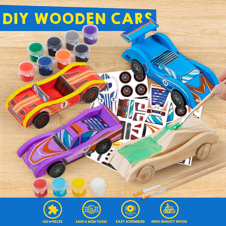 4 DIY Wooden Race Cars-Build & Paint Your Own Wood Craft Kit, 4 Race Cars Toy, Easy to Assemble Arts Crafts Kit, Birthday Party Presents for Kids Boys and Girls
