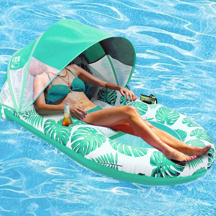 Pool Lounge Float with Canopy Upf50+,Extra Large Pool Floats for Adults Heavy Duty,Inflatable Lounger Float with Cup Holder & Backrest,Footrest