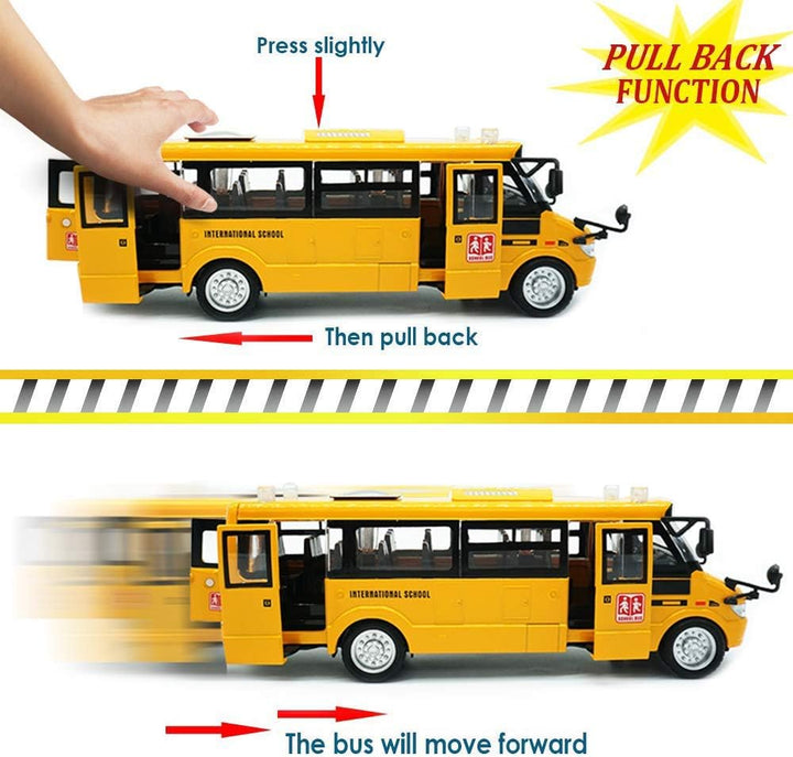 School Bus Toy Die Cast Vehicles Yellow Large Alloy Pull Back 9'' Play Bus with Sounds and Lights for Kids