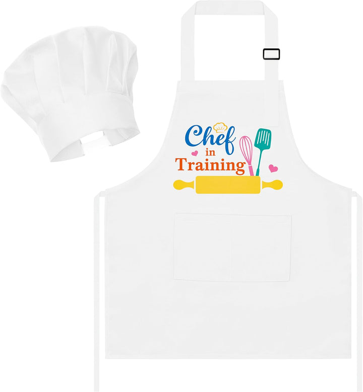 2 Pcs Kid Apron and Chef Hat Set, Adjustable Children Blue Kitchen Apron Cooking Baking Painting and Training Kits Dress up Role Play Chef Toy Kid Funny Cooking Gift New Year