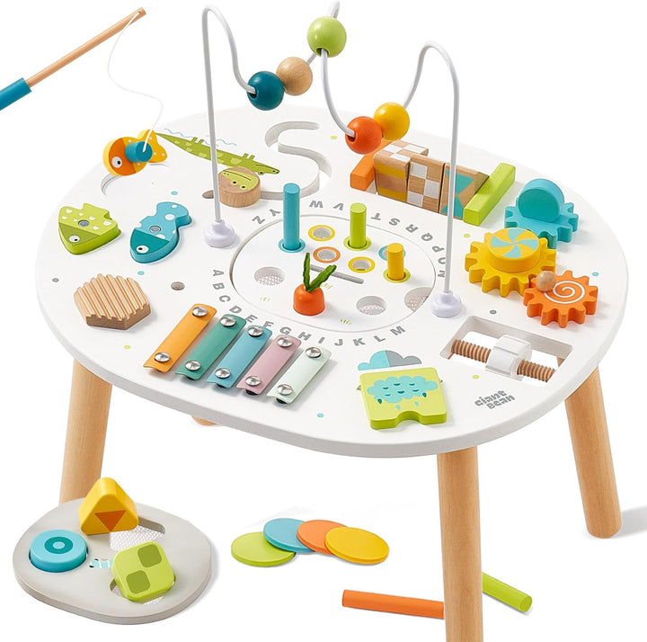 Wooden Activity Table for 1 Year Old, 11-In-1 Montessori Learning Table with Bead Maze, Shape Sorter, Fishing Game & More – Sensory Development Toy for Toddlers, Ideal 1St Birthday Gift
