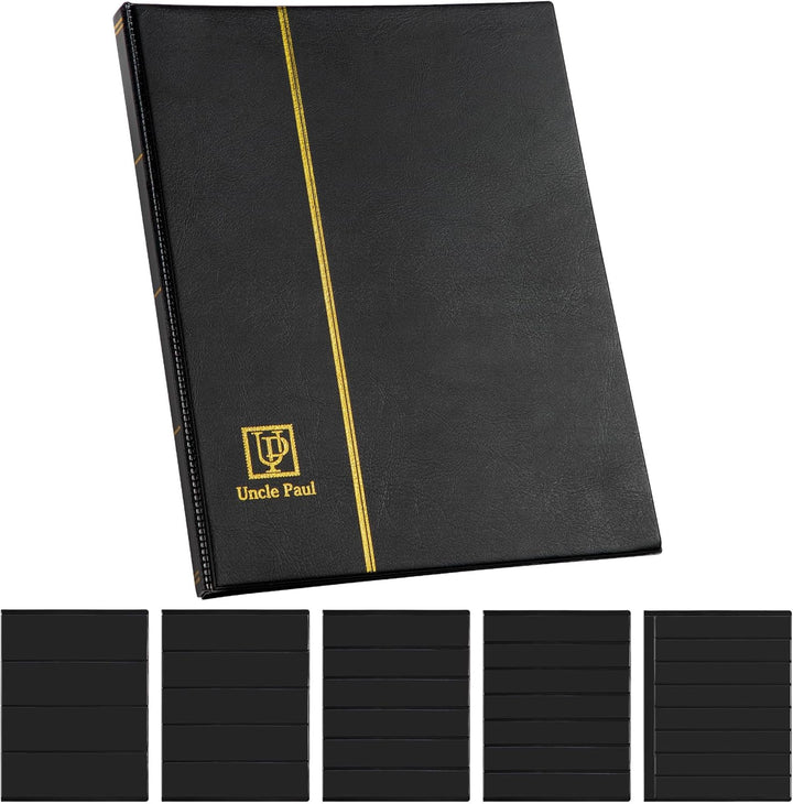 Stamp Albums 160 Pockets - Stockbooks with 30X197Mm Sleeves, 10 Double Sided Black Page with Leatherette Padded Black Cover, Collection Storage Folder for Paper Money Postage Stamps AS0108BK