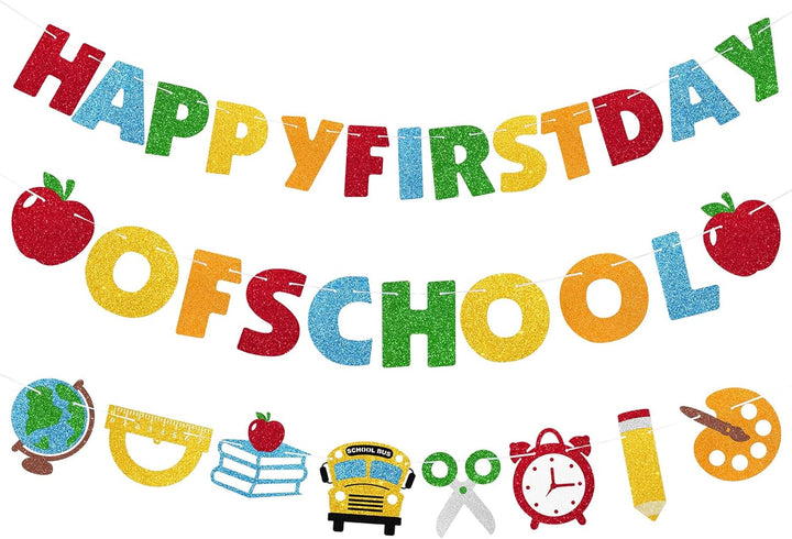 Happy First Day of School Banner, 3Pcs Welcome Back Banner Party Decorations for Children Kids Student Celebrating 1St Day of School Classroom Office Party Supplies Hanging Decor, Pre-Strung, NO DIY