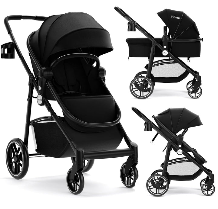 2 in 1 Baby Stroller, High Landscape Infant Stroller & Reversible Bassinet Pram, Foldable Pushchair with Adjustable Canopy, Cup Holder, Storage Basket, Suspension Wheels (Green)