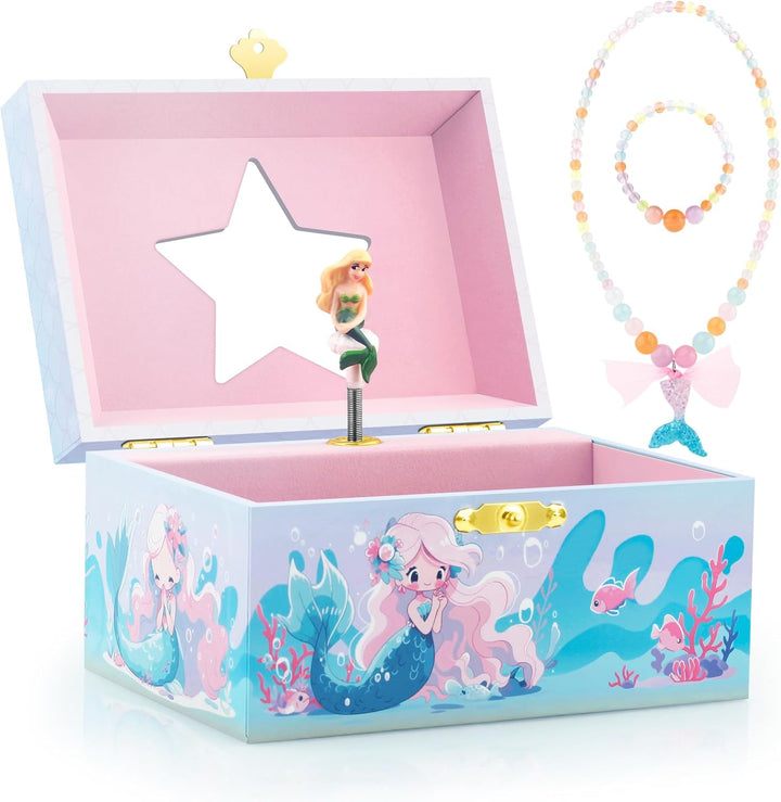 Musical Jewelry Glitter Storage Box and Jewelry Set for Little Girls with Spinning Unicorn and Rainbow - over the Waves Tune Pink
