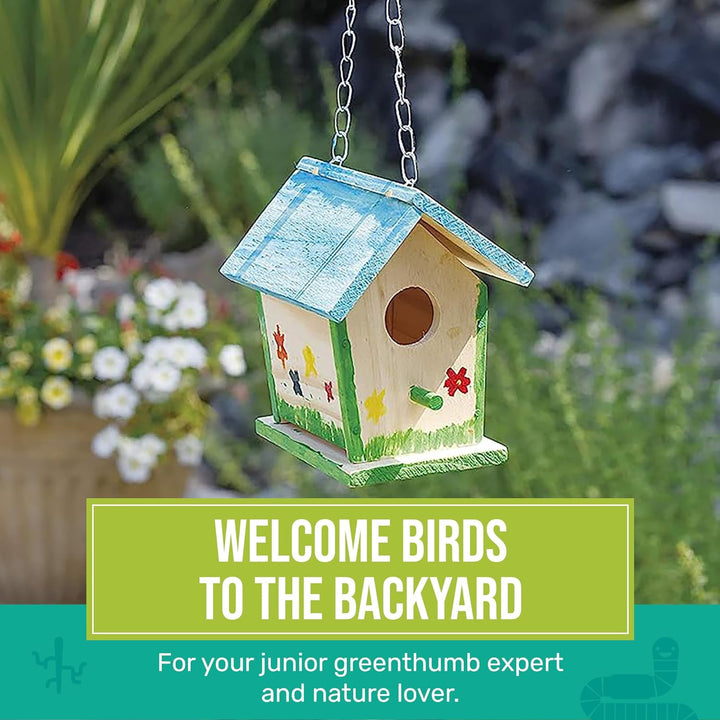 Beetle & Bee Build a Bird Bungalow - DIY Kid Art Craft Outdoor Birdhouse Kit, House Painting Kit for Kids, Hardware Glue Included- 4 Paints, 1 Brush, 7 Wooden Pcs, Chain for Tree Hanging Age 5+