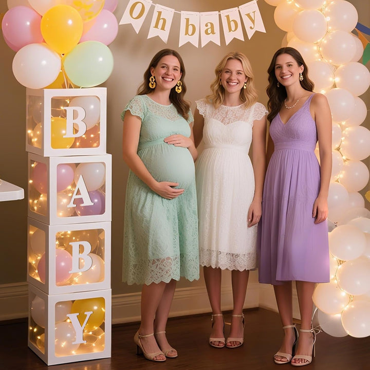 Baby Boxes with Letters for Baby Shower Decorations, 4 Pcs Clear Baby Balloon Boxes Blocks Decor with LED Fairy String Lights for Boy Girl Gender Reveal Decorations Backdrop Party (White)