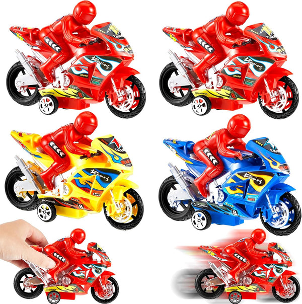 4 Pieces Motorcycle Toys Set Miniature Motorbike Toys Plastic Friction Motorcycles Push Go Friction Powered Motorbikes for Birthday Party Favors Supplies Cake Toppers, Random Colors