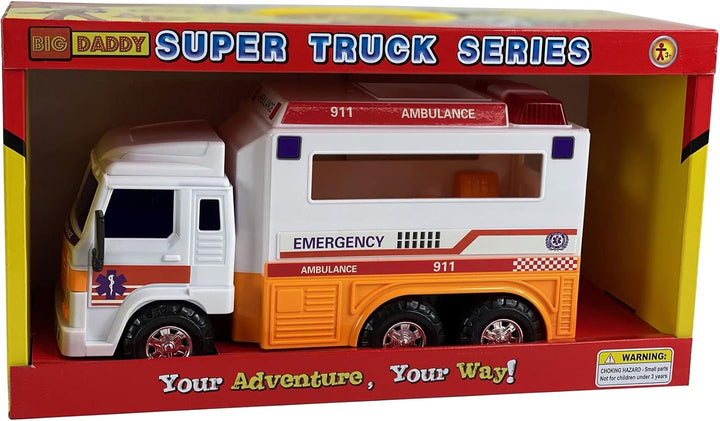 Big-Daddy Meduim Duty Friction Powered 911 Ambulance Toy Truck with Open and Close Back Doors for More Fun Play Time