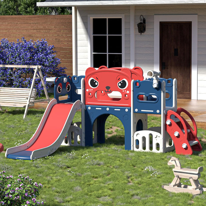 9 in 1 Toddler Slide and Climber Playset Indoor Outdoor Kids Slide with Basketball Hoop,Telescope and Storage Space, Freestanding Backyard Playground for Children Age 1-6