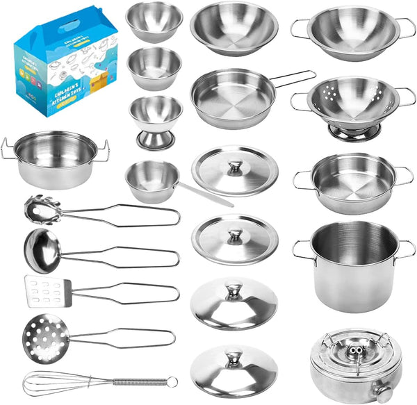 Kids Kitchen Pretend Play Toys, Cooking Toys Play Pots and Pans Set for Kids, 21Pcs Small Stainless Steel Kitchen Cookware Kits Toys, Cookware Playset for Girls, Boys
