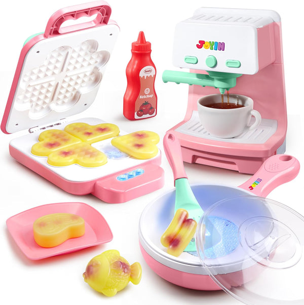Play Kitchen Toys with Realistic Lights& Sounds, Pretend Role Play Toy Set for Girls Boy, Color Changing Breakfast Playset, Christmas Birthday Gift for Kids, Pink