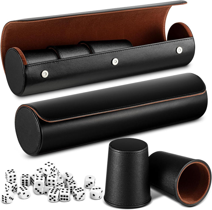2 Set Liars Dice Game Include 10 Leather Dice Cups, 50 Dice and 2 Leather Storage Case with Magnetic Closure, Set Gift for Party, Craps, Backgammon, Travel(Black)