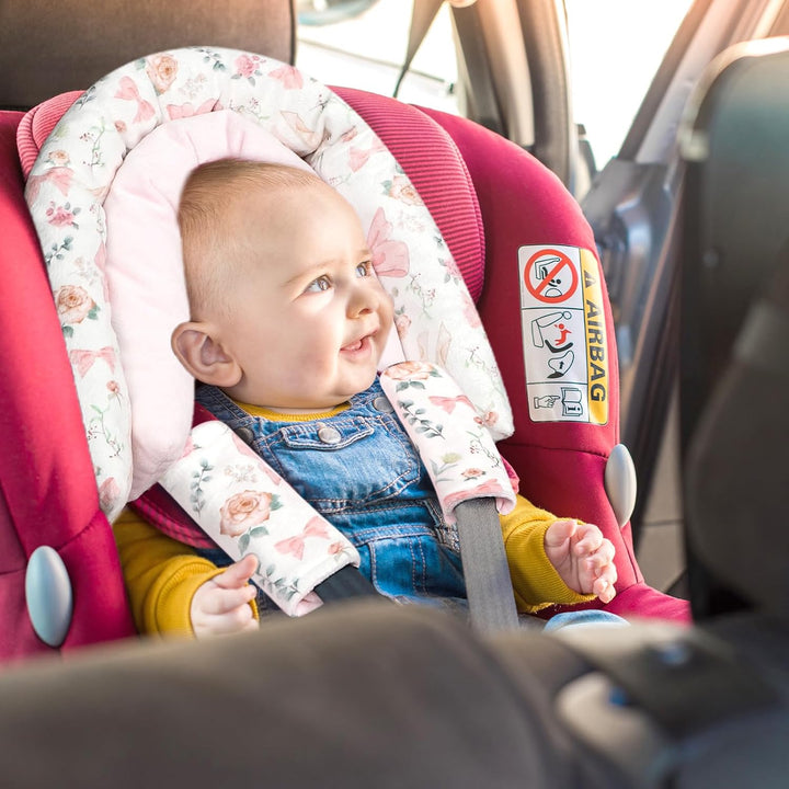 Baby Car Seat Head Support for Newborn,  2 in 1 Infant Car Seat Head Body Support with Strap Pads, Soft Stroller Cushion Pillow Insert for Girls, Fits for Stroller, Swing, Pink Floral