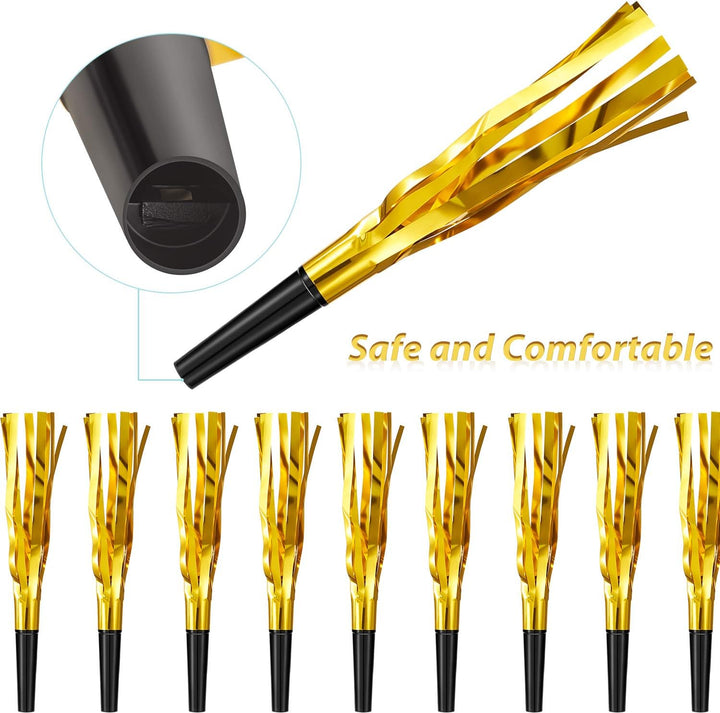 24 Pieces Gold Noise Makers Glitter Noise Makers Metallic Fringed Party Blowers for Adults Birthday Graduation Sporting Events 2025 New Years Party Favor Supplies