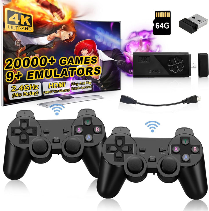 Wireless Retro Game Console Stick, Upgrade Retro Video Gaming Stick Built in 20000+ Games with 9 Emulators,4K HDMI Output with 2 Pack 2.4G Wireless Controllers，Game Emulator Console 2025（64GB）