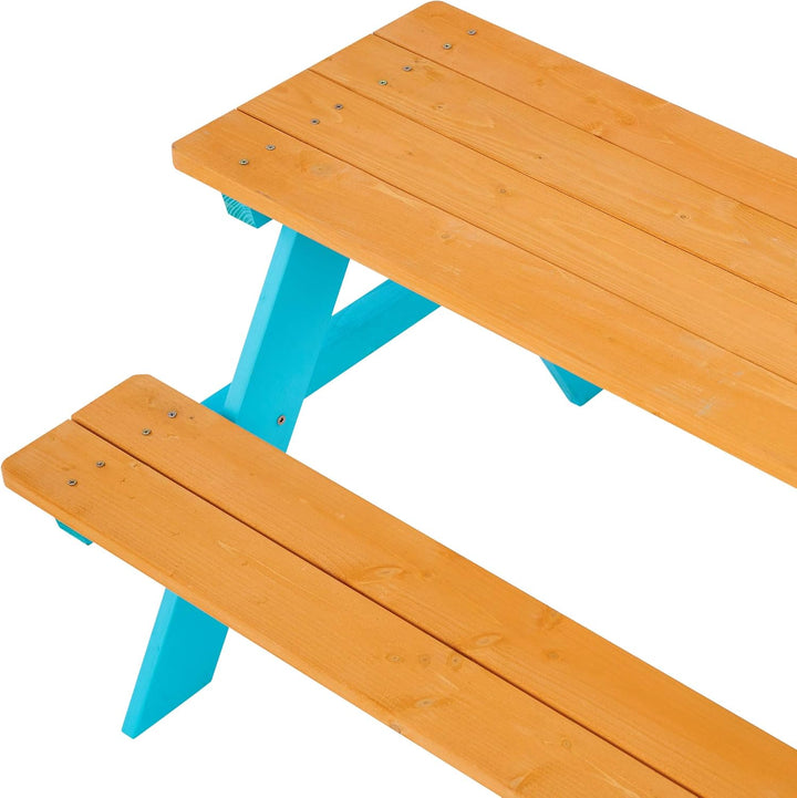 - Wooden Outdoor Child Children Kids Picnic Table & Chair Bench Set - Brown/Aqua