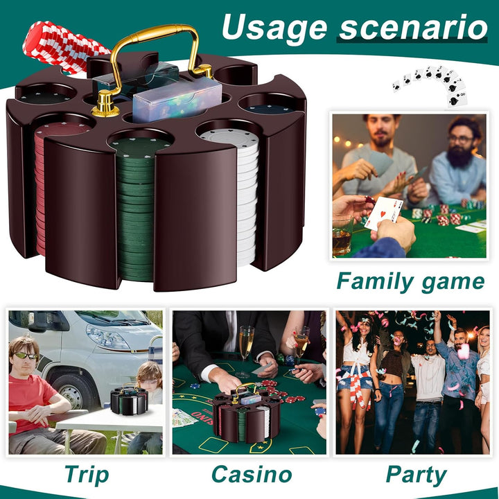 Poker Chips Poker Set, 200 Count Rotating Chip Case Wood Carousel Case Holder with 200 Pcs Chips and 2 Decks of Playing Cards for Casino Party Supplies Family Game Accessory