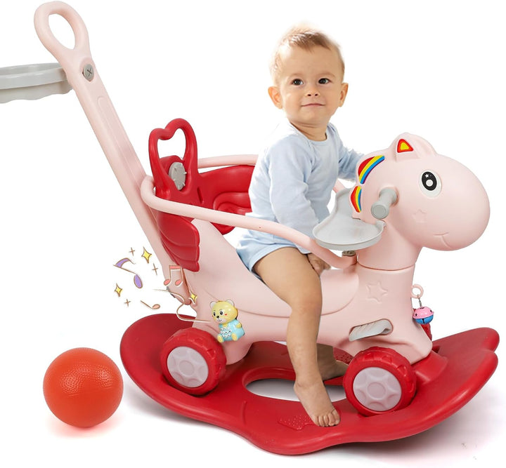 4 in 1 Rocking Horse Ages 1-3, Baby Rocking Toy Birthday Gift for Toddlers 1-3 Years Old, Balance Bike Ride on Toys with Push Handle, Backrest and Balance Board for Baby Girl and Boy, Green