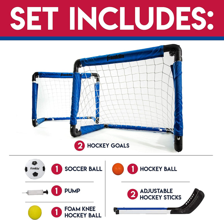 Indoor Mini Goal Sports Set - 3 in 1 Kids Indoor Goal Set - Indoor Mini Floor Hockey, Knee Hockey, and Mini Soccer Set for Kids, Blue, 22 X 17.5-Inch