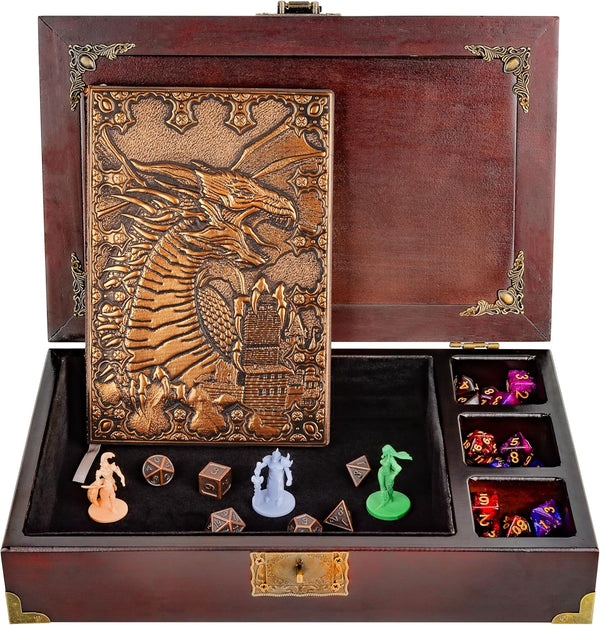 DND Dice Tray 3 in 1 - Dice Box with D&D Dice Metal - Wooden Dice Tray | DND Dice Box with DND Journal for RPG Table Games (200 Page) - DND Set for Dungeons & Dragons Players -