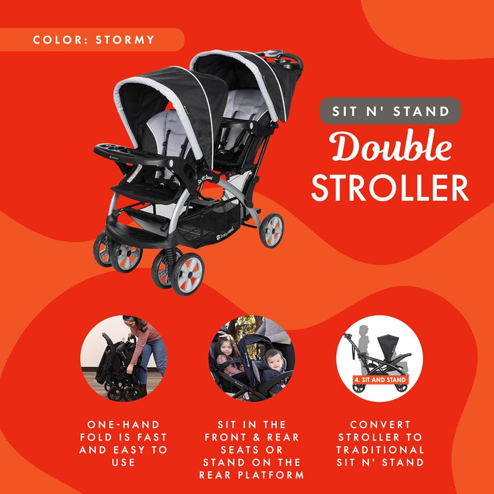 Double Infant and Toddler Stroller W/ Harness and Basket, Sit N' Stand, Stormy