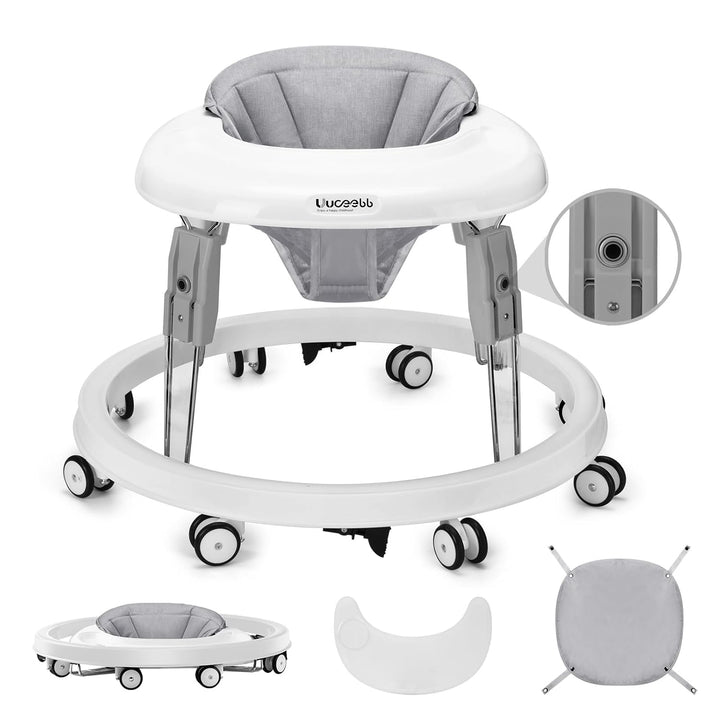 Baby Walker with Wheels, One-Touch Folding Anti-Roll 8-Wheel Baby Walkers, 7-Speed Height Adjustment with Large Dinner Plate and Brake 6-18 Months Baby Walker, Black