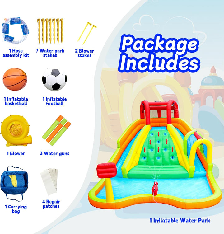 Inflatable Water Double Slides Park, Bounce House with Arched Water Gun Spray, Jumping Castle with Air Blower