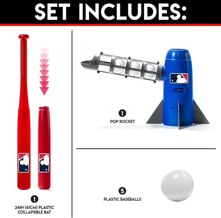 MLB Kids Pitching Machine - POP ROCKET Kids Baseball Trainer - Includes 5 Plastic Baseballs & Baseball Bat, Multicolor Medium