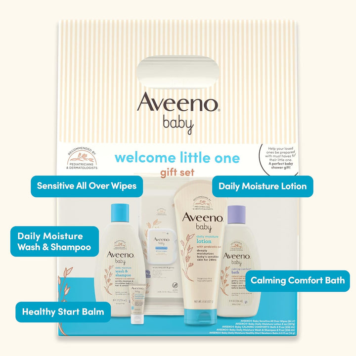 Welcome Little One Gift Set, Baby Skincare Set with Nourishing Baby Body Wash & Shampoo, Calming Bath Wash, All over Baby Wipes, Daily Moisturizing Lotion, & Baby Balm, 5 Items