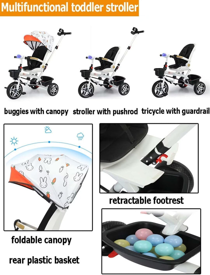 Reversible Seat Toddler Stroller Buggies,Children Stroller Pram with Canopy and Music Headlight,High Back Seat with Guardrail and Belt,Kidstricycle with Parent Handle,Double Brakes (Black with Canopy