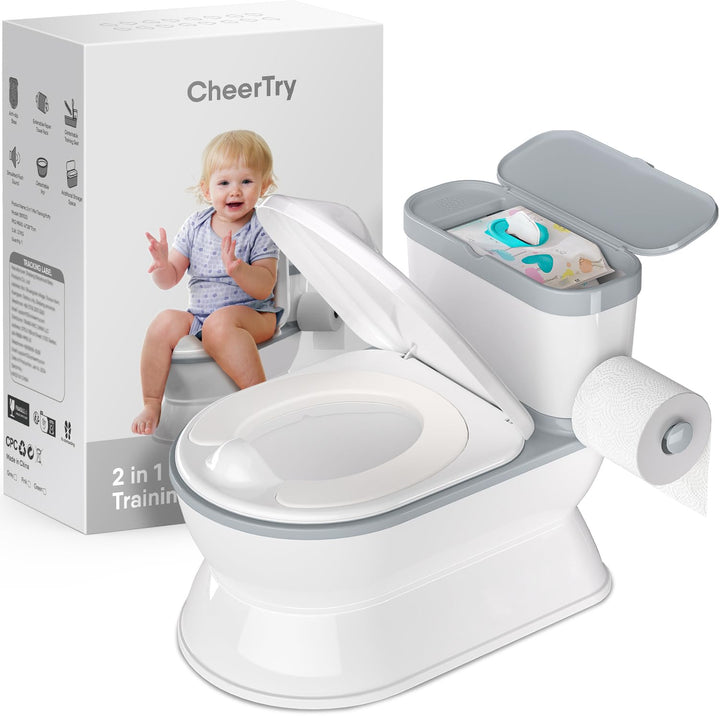 2-In-1 Toddler Potty Training Toilet - Larger Potty Chair & Detachable Training Seat for Boys & Girls Ages 1-3 with Flushing Sound, Wipes Storage, Toilet Paper Holder - Pink
