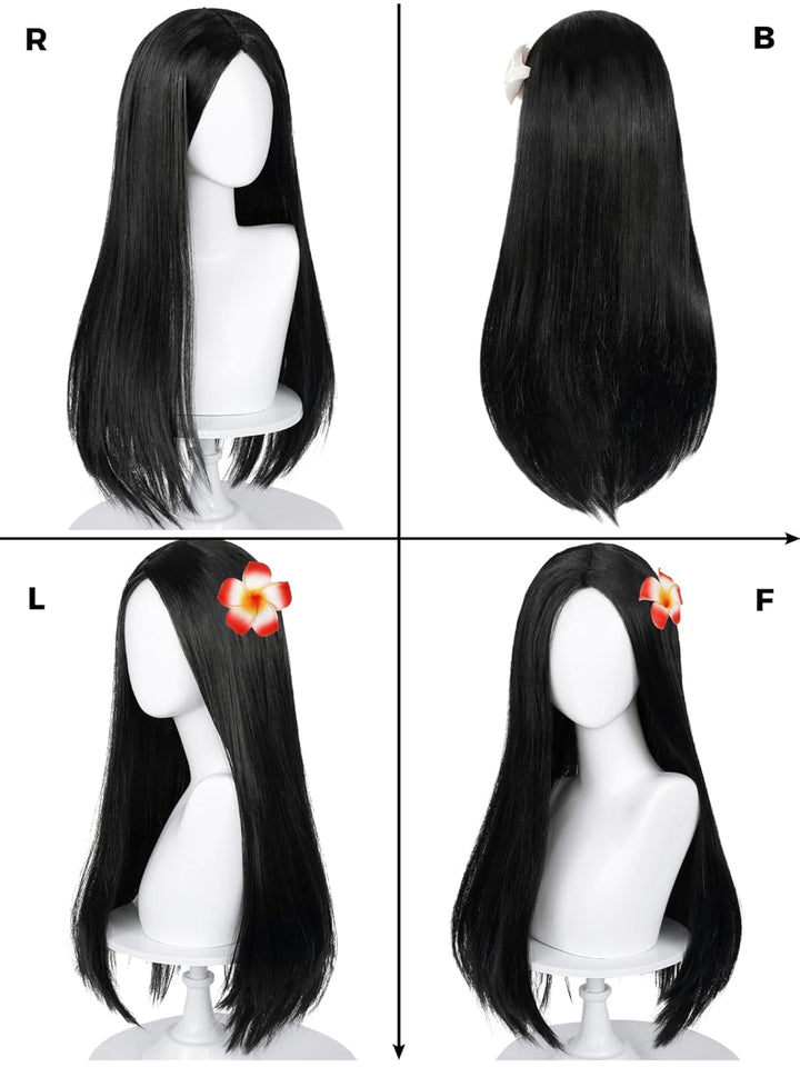 Long Straight Black Kids Wig with Flower Hair Clip, Wigs for Girls Toddler Cosplay 27.6'' Synthetic Hair + Wig Cap for Halloween Party Daily Costumes