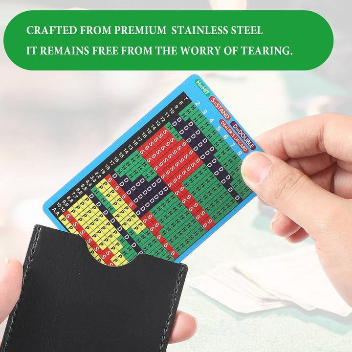 Metal Blackjack Basic Strategy Card with PU Protective Sleeve Stainless Steel Blackjack Basic Strategy for Casino Blackjack Table Set