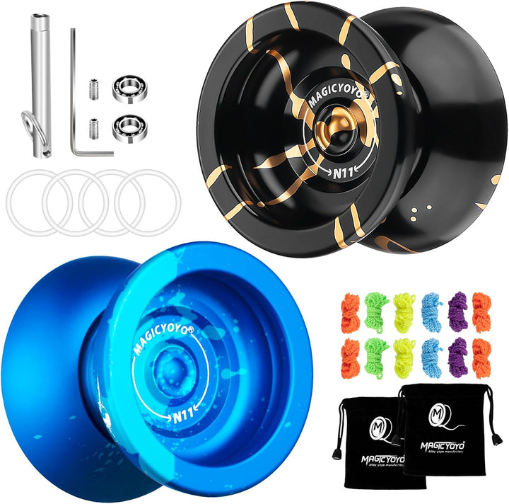 N11 Professional Unresponsive Yoyo N11 Dual Purpose Alloy Trick Yoyo Ball (Black with Golden) with Bag, Glove, 12 Yoyo Strings and Responsive Bearing Kit