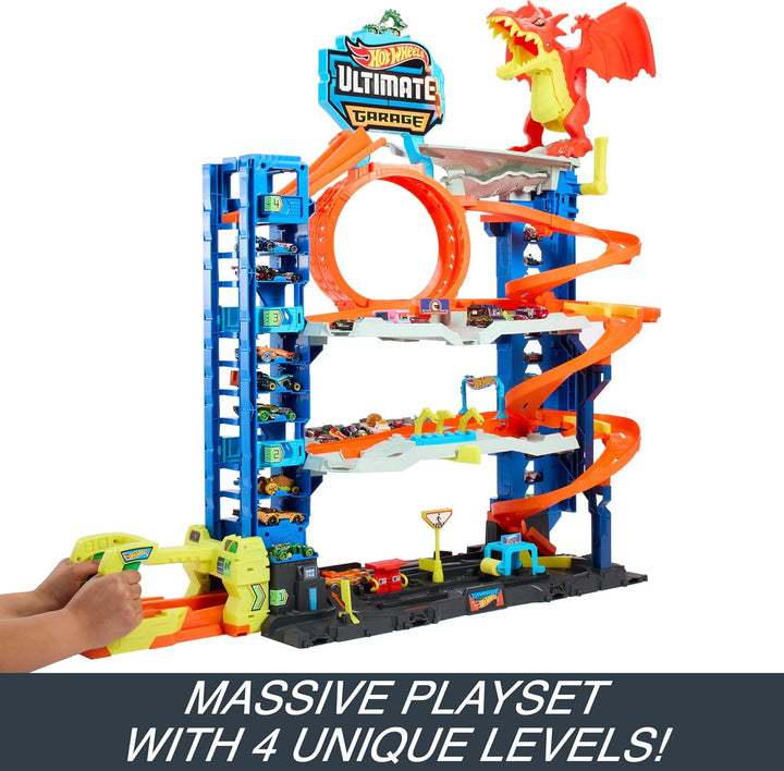 City Ultimate Garage Track Set with 2 Die-Cast Toy Cars & Car-Eating Dragon, Stores 50+ Vehicles, 4 Levels