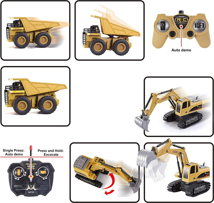 2 PCS Remote Control Construction Vehicle Toy Set, Friction-Powered RC Excavator & RC Dump Truck with Lights and Sounds for Imaginative Play, Birthday Gifts for Toddlers Boys Girls