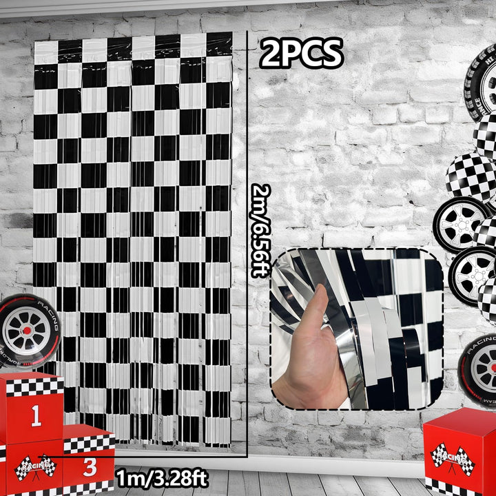 Race Car Foil Fringe Curtains Backdrop Birthday Party Decorations, 2 Pack 3.28 X 6.56 Ft Black White Foil Fringe Curtain Photo Booth Props Racing Car One Happy Dude Birthday Party Decorations