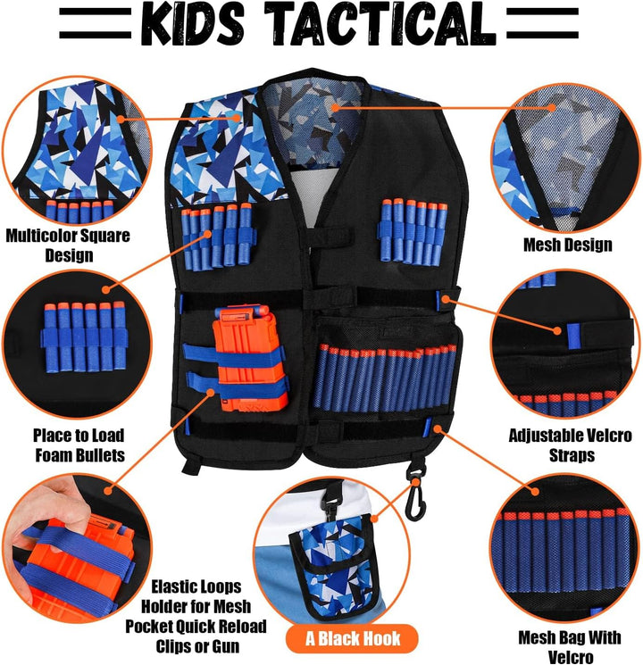 2PACK Kids Tactical Vest Kit for Nerf Guns N-Strike Elite Series for Boys Girls, with 60 Refill Darts, Dart Pouch, Tactical Mask, Reload Clips, Protective Glasses (Blue+Green)