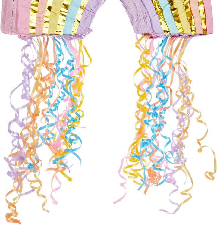 Rainbow Pull String Pinata for Pastel Birthday Decorations, Gender Reveal Party Supplies, and Birthday Party (Small, 16.5 X 10 X 3 In)