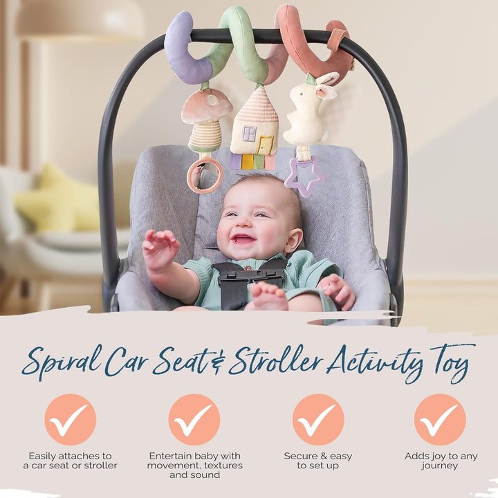 Spiral Car Seat & Stroller Activity Toy - Stroller & Car Seat Toys for Ages 0 Months and up - Hanging Toys Include Dangling Ring, Mirror and Textured Ribbons (Pastel Rainbow)