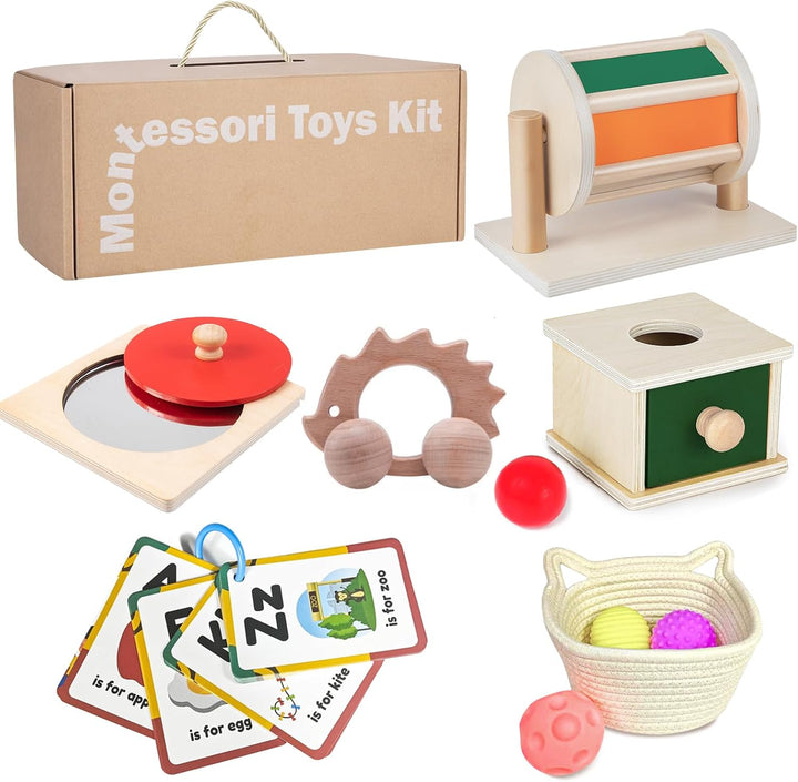 Montessori Toys for Babies 0-6 Months, 6 in 1 Learning Educational Set for for Newborn, Toddlers Gifts Includes Spinning Drum, Object Permanence Box, Baby Roller Tummy Time Mirror and More