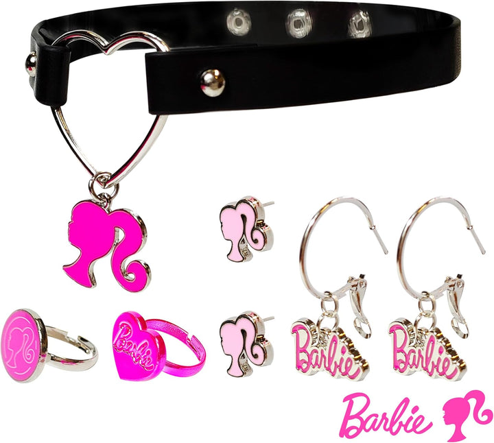 Barbie Themed 2-Piece Adjustable Ring Set, a Pair of Stud and Hoop Earrings, and a Choker for Girls - Barbie Themed Charms, Universally Fitting & Stylish Gifts - Ages 4+