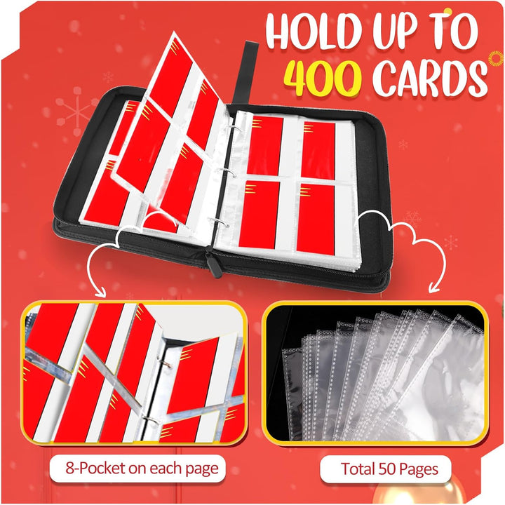 Card Binder 4 Pocket, Collectible Trading Card Albums Fits 400 Cards with 50 Removable Sleeves, Portable Trading Card Binder Collection Album Holder, Game Card Case Book with Zipper for Gifts, L-Green
