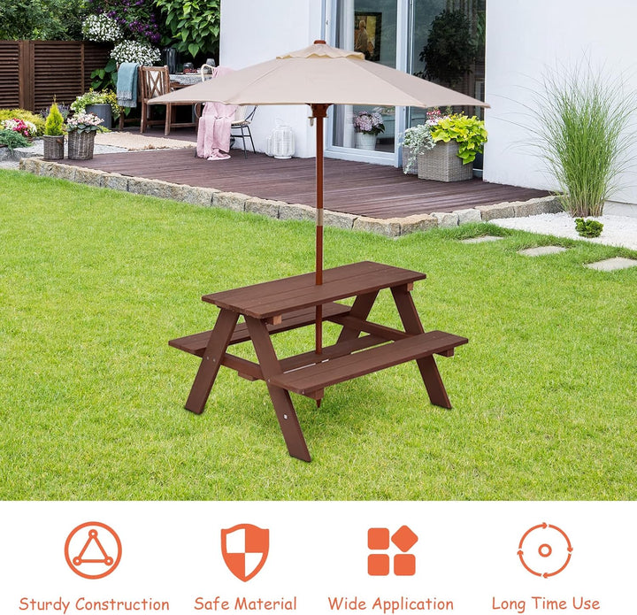 Kids Picnic Table, Fir Wood Kids Outdoor Table and Chairs with Removable Umbrella, Toddler Picnic Table for Patio, Backyard, Garden (Natural)