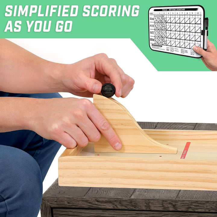Mini Wooden Tabletop Bowling Game Set for Kids & Adults - Includes 1 Bowling Alley Board, 1 Launch Ramp, 2 Mini Bowling Balls, 10 Pins & Dry Erase Scorecard