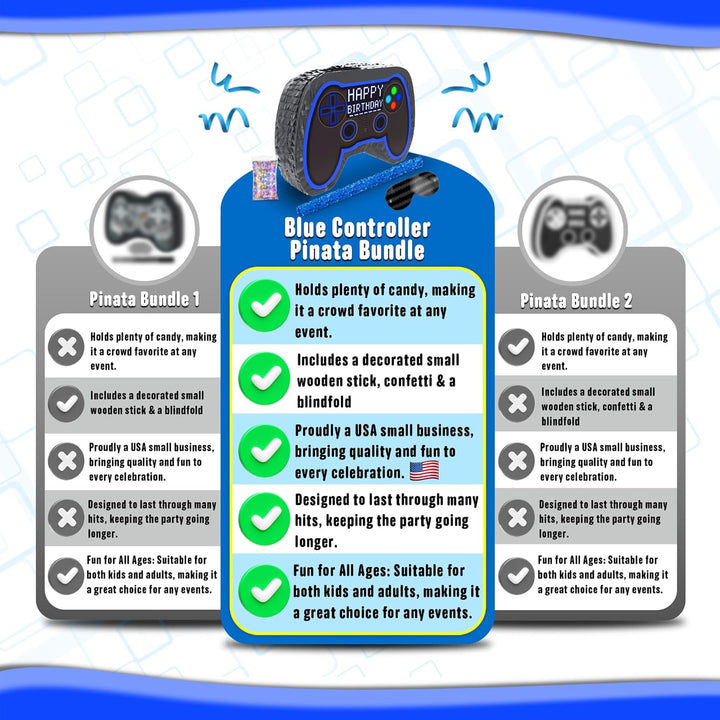 Blue Video Game Controller Piñata (Small Stick Included) 17”X11”X 3” Perfect for Birthday Gamer Parties, Party Decor, Gaming Theme Parties and Other Decorations