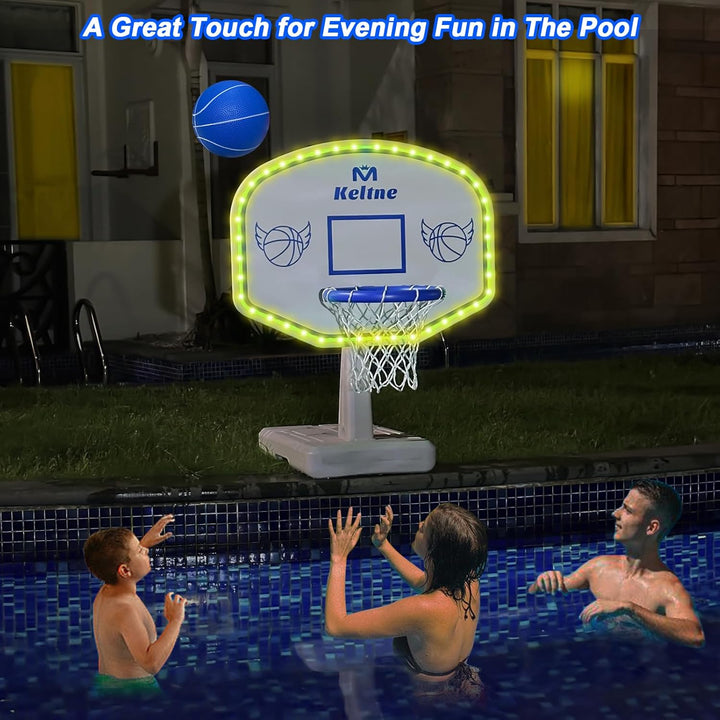 LED Pool Basketball Hoop Poolside, Oversized Water Basketball Hoop with Solar Colorful Lights, 34"X34"X42.2" Light up Swimming Pool Basketball Hoops for Kids Adults, with 2 Balls and Pump.